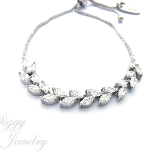 Delicate CZ Leaf Bridal Bolo Adjustable Bracelet - Picture 3 of 8